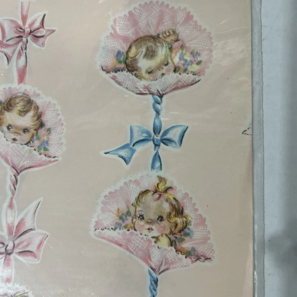 VINTAGE WRAPPING PAPER- NEW BABY, BABY SHOWER, CHILD GIFT, 7 Packs Dennison